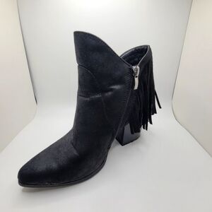 Hot Kiss Sassy Size 6 Suede Ankle Boot with Fringe Chunky Heel Boho Zipper